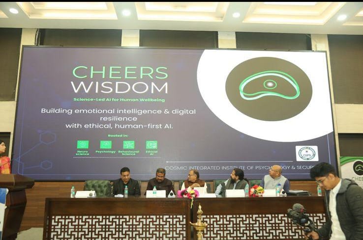 Cheers Wisdom on stage at the AI Cyber Psychology National & International Summit, New Delhi